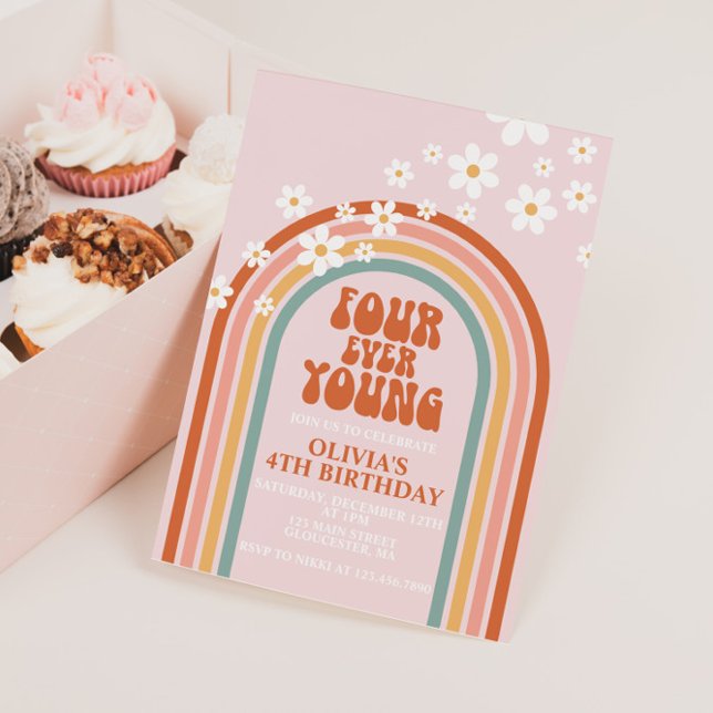 Four Ever Young daisy rainbow 4TH birthday Invitation (Creator Uploaded)