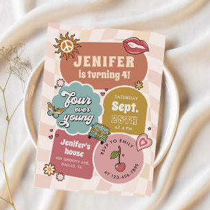 Four Ever Young Groovy Daisy 4th Birthday Party Invitation