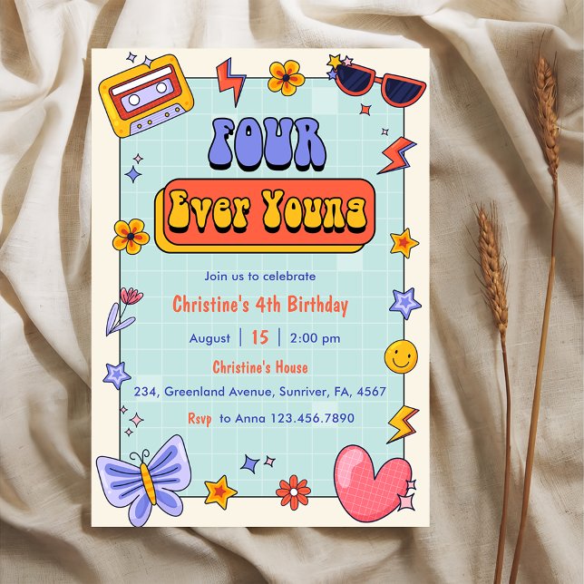 Four Ever Young Groovy Hippie 4th Birthday Party  Invitation (Creator Uploaded)