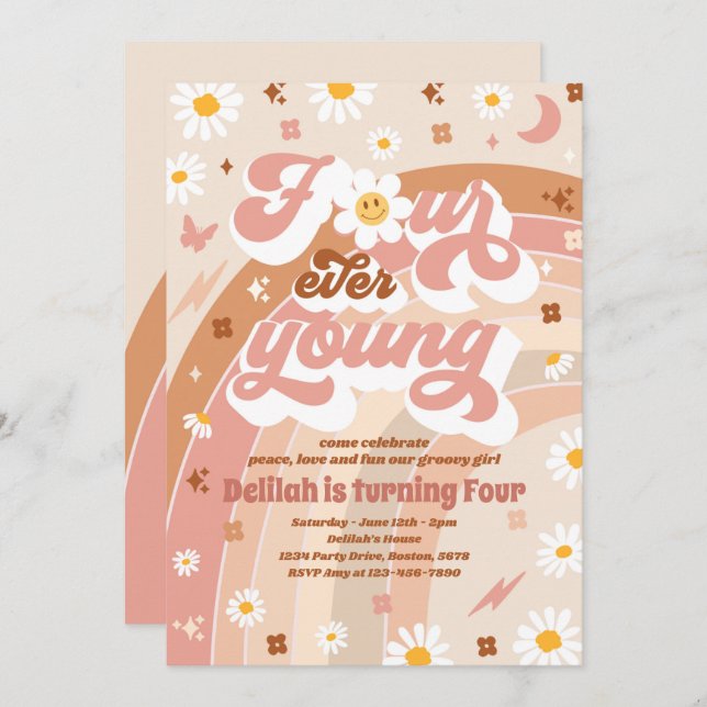 Four Ever Young Groovy Rainbow 4th Birthday Party Invitation (Front/Back)