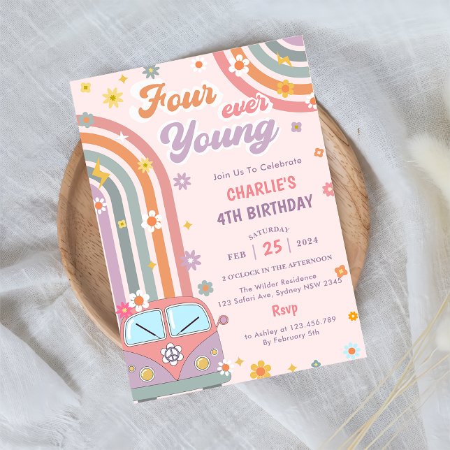 Four Ever Young Groovy Retro Daisy 4th Birthday  Invitation (Creator Uploaded)