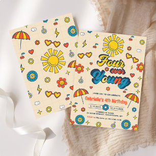 Four Ever Young Groovy Retro Daisy 4th Birthday Invitation