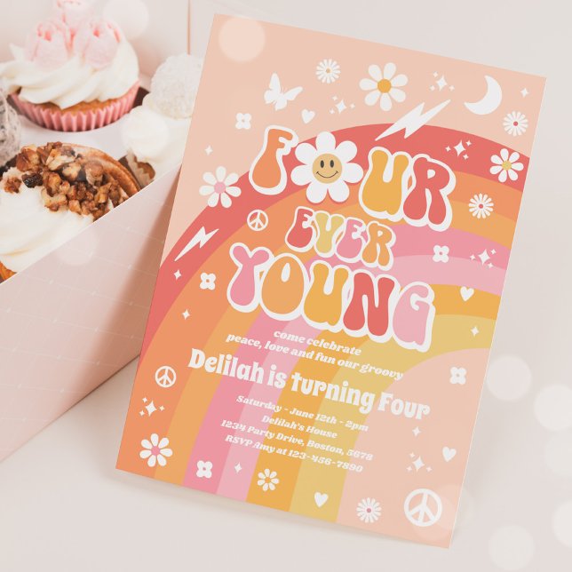 Four Ever Young Hippie 4th Birthday Party Invitation (Creator Uploaded)
