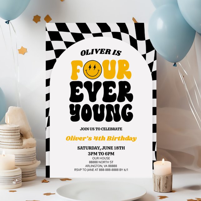 Four Ever Young Retro First 4th Birthday Party Invitation (Creator Uploaded)