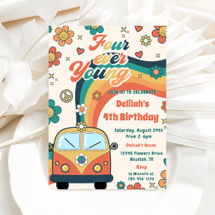 Four Ever Young Retro Floral 4th Birthday Party  Invitation