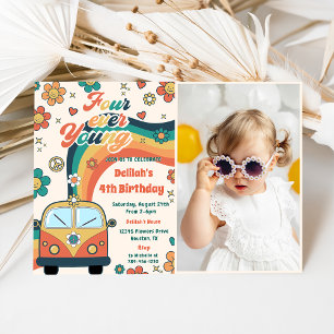 Four Ever Young Retro Floral 4th Birthday Photo  Invitation