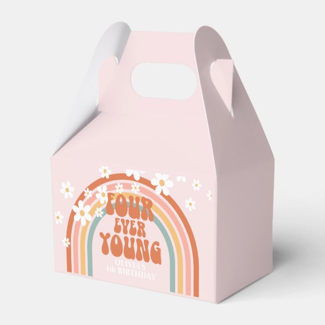 Four Ever Young Retro rainbow 4th birthday Favour Box (Front Side)