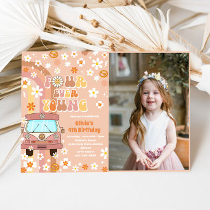 Four Ever Young Retro Rainbow 4th Birthday Photo Invitation