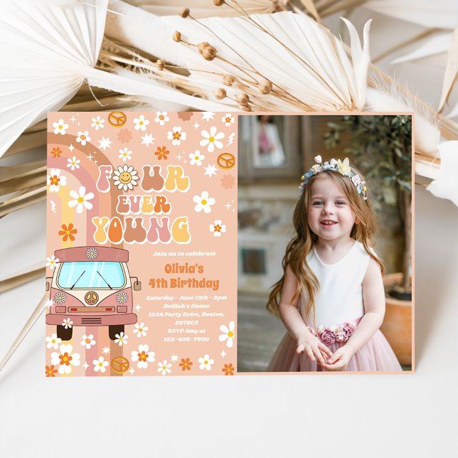 Four Ever Young Retro Rainbow 4th Birthday Photo Invitation (Creator Uploaded)