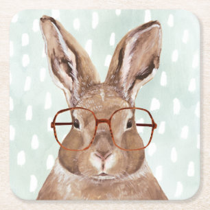 Four-Eyed Forester Bunny Rabbit Square Paper Coaster