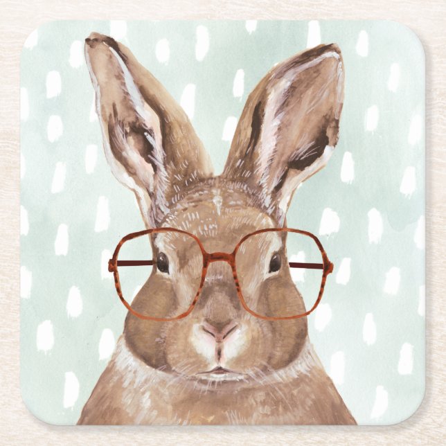 Four-Eyed Forester | Bunny Rabbit Square Paper Coaster (Front)