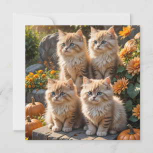 Four Fluffy Autumn Kittens with Pumpkins and Mums