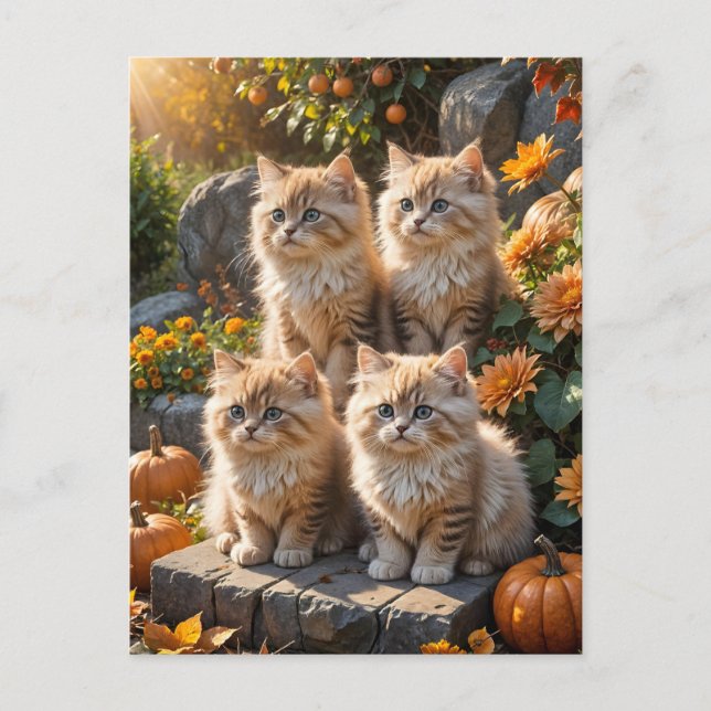 Four Fluffy Autumn Kittens with Pumpkins and Mums Invitation Postcard (Front)