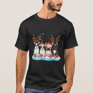 Four French Bulldog Dogs Christmas Light Reindeer T-Shirt