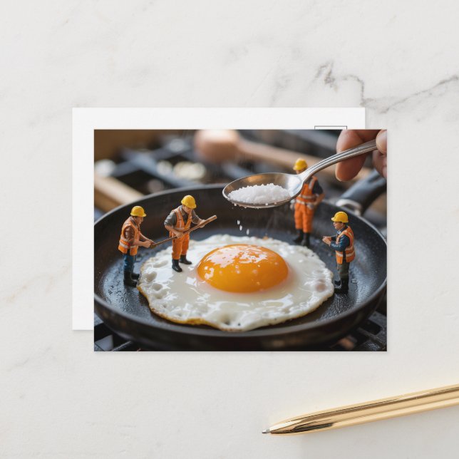 Four Funny Construction Workers Fixing Eggs Postcard (Front/Back In Situ)