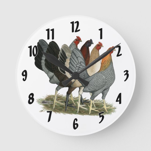Four Gamefowl Hens Round Clock (Front)