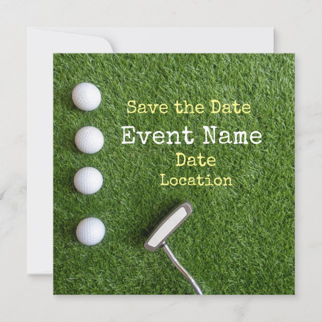 Four golf balls with putter Save the Date on green Announcement (Front)
