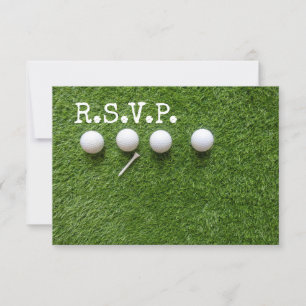 Four golf balls with tee  R.S.V.P. on green Invitation