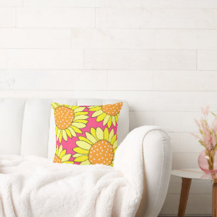 Four Hand Drawn Yellow Orange Pink Sunflowers Cushion
