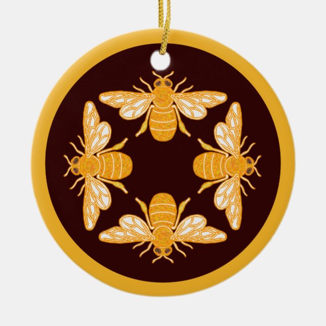 Four honey bees on pattern in circle ceramic tree decoration (Front)