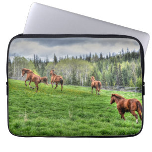 Four Horses Running on Fresh Grass in a Paddock Laptop Sleeve
