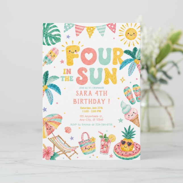 Four in the Sun 4th Birthday Party Invitation (Standing Front)