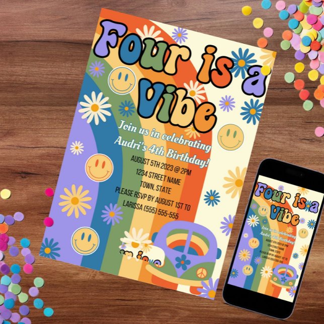 Four is a Vibe Birthday Invitation, 4th bday party Invitation (Creator Uploaded)