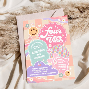 Four Is A Vibe Cloud Rainbow Disco 4th Birthday Invitation