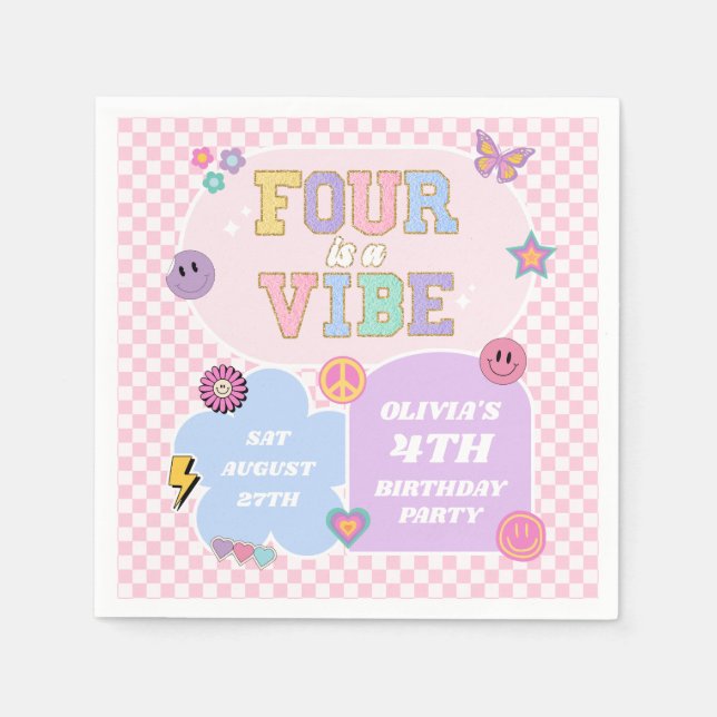Four Is A Vibe Preppy Patch 4th Birthday Party Napkin (Front)