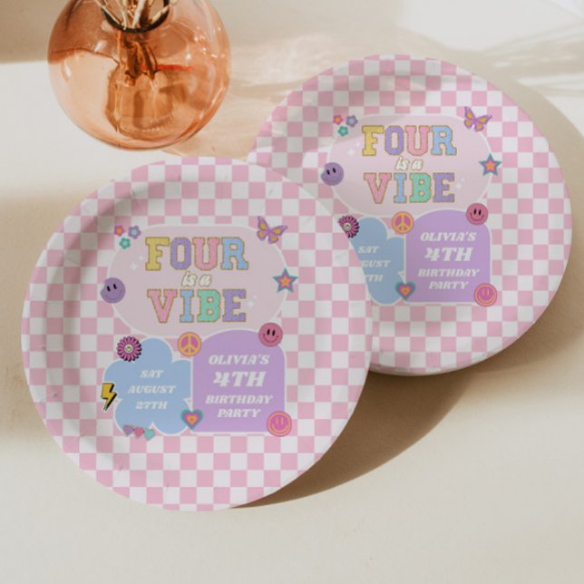 Four Is A Vibe Preppy Patch 4th Birthday Party Paper Plate (Creator Uploaded)