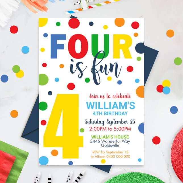 Four is Fun Birthday Invitation 4th Birthday (Four is Fun 4th Birthday Invitation)