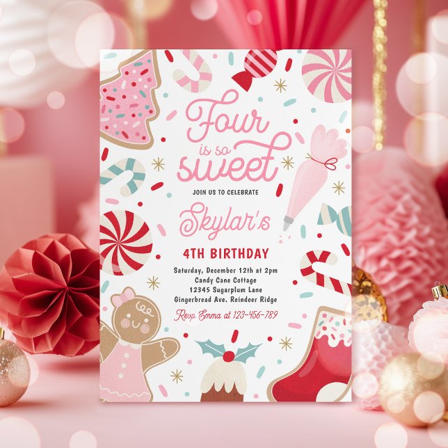 Four Is So Sweet Christmas Cookie Birthday Party  Invitation (Creator Uploaded)