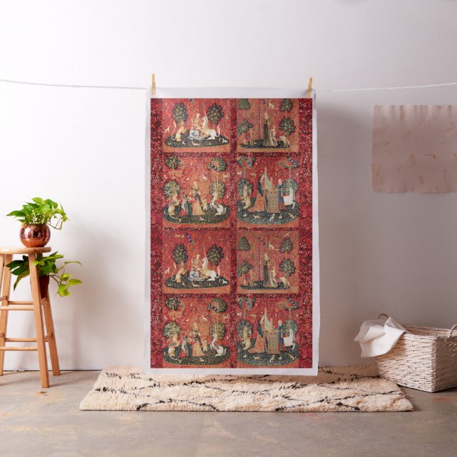 FOUR LADY AND UNICORN STORIES Red Green Floral Fabric (In Situ)