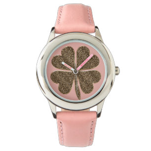 Four Leaf Clover Good Luck Symbol Pink Gold Look Watch
