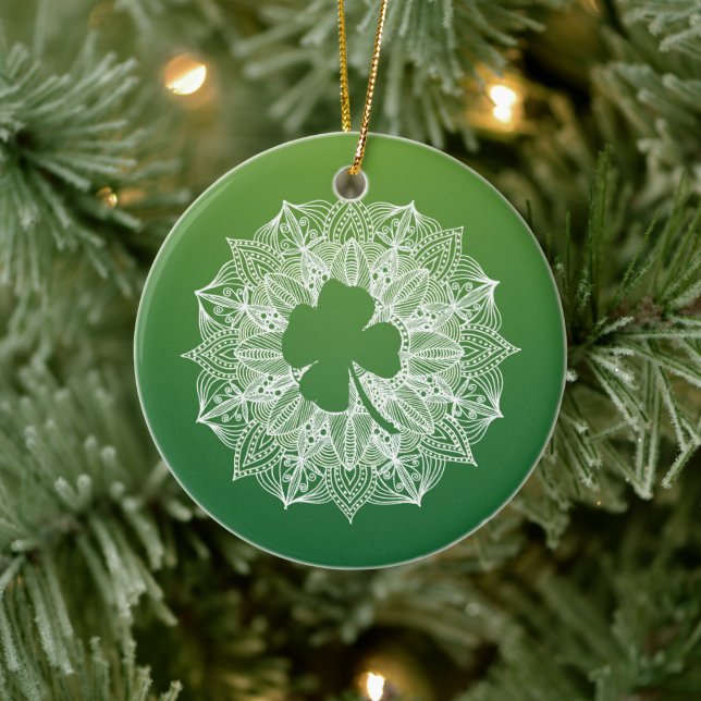 Four Leaf Clover Green Mandala Ceramic Tree Decoration (Tree)