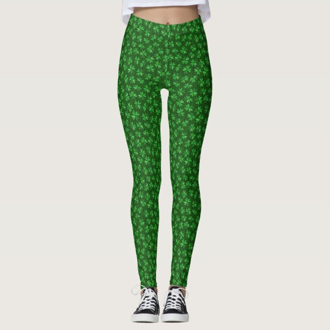 Four-Leaf Clover, Green Shamrock Pattern Leggings (Front)