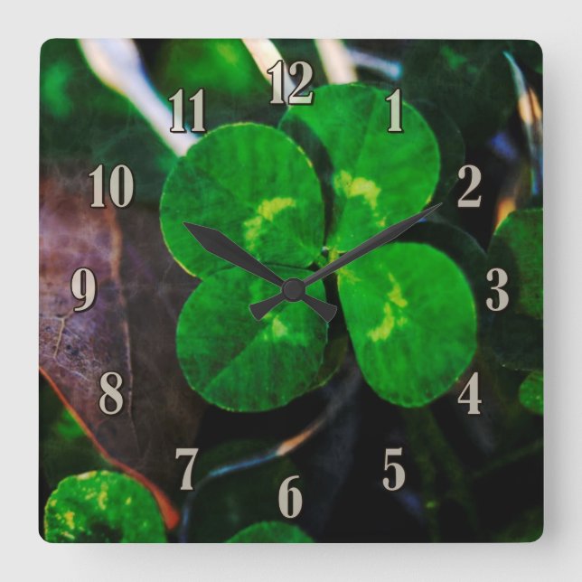 Four Leaf Clover Lucky Square Wall Clock (Front)