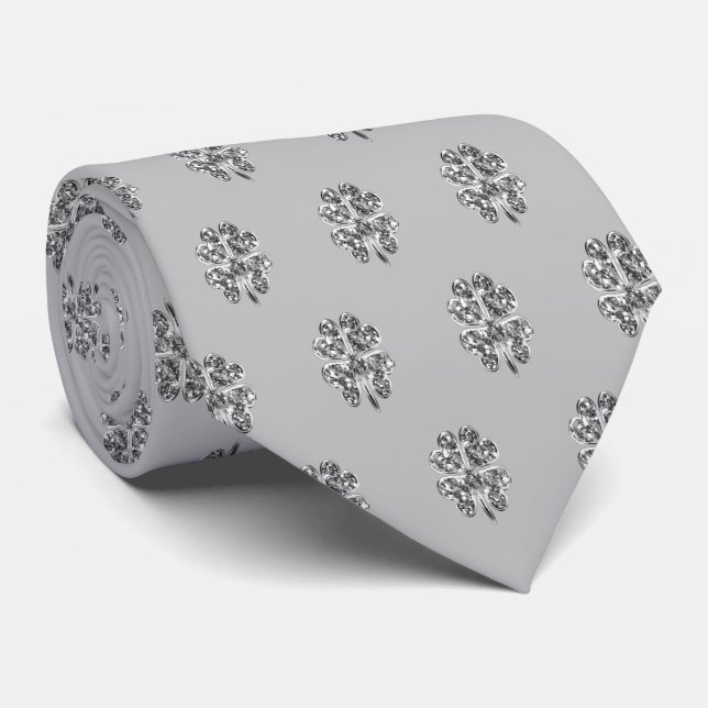 Four Leaf Clover Pattern Good Luck Silver Grey Tie (Rolled)