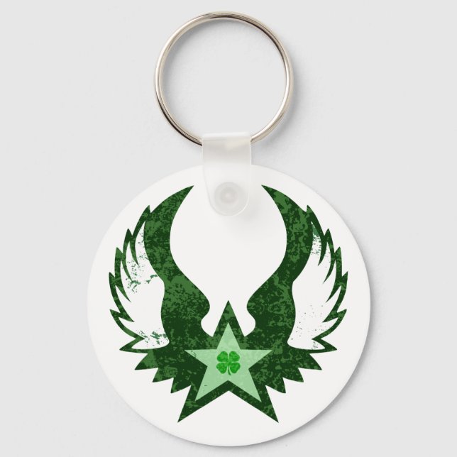 four leaf clover. winged star. key ring (Front)
