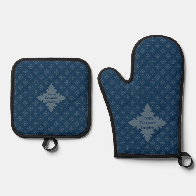 Four Leaf Rosette Airforce Blue Foulard Pattern Oven Mitt & Pot Holder Set (Front)