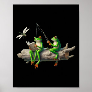Four Legs Frog On A Log Frog Fishing Dragonfly Rea Poster