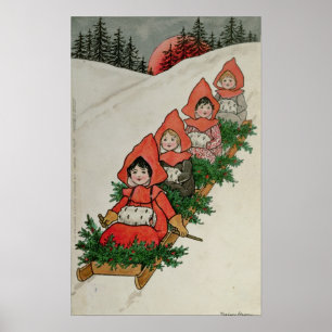 Four Little Girls on a Sledge Poster