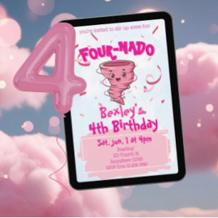 Four-Nado Pink Tornado 4th Birthday Invitation