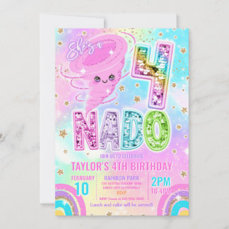 Four Nado Rainbow Glitter 4th Birthday Party  Invitation
