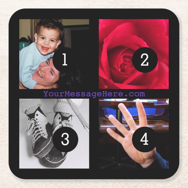 Four of Your Photos and Text Make Your Own Black Square Paper Coaster (Front)