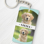 Four pet dog photos light aqua blue curved borders key ring<br><div class="desc">Keyring featuring your custom photos and your pets name with light aqua blue (or custom colour),  curved borders top and bottom. You can add four different photos. Change colours and fonts,  move and resize the photos in the design tool.</div>