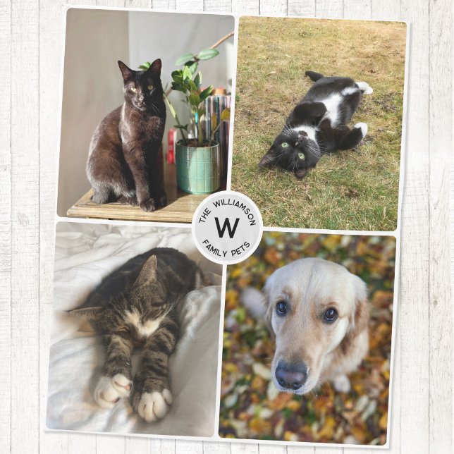 Four Pet Photo Personalised Monogram Keepsake Fleece Blanket (Four pet photo personalized monogram initial family name keepsake fleece blanket)