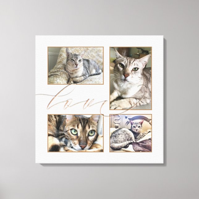 Four Pet Photos Collage Love Script White Canvas Print (Front)