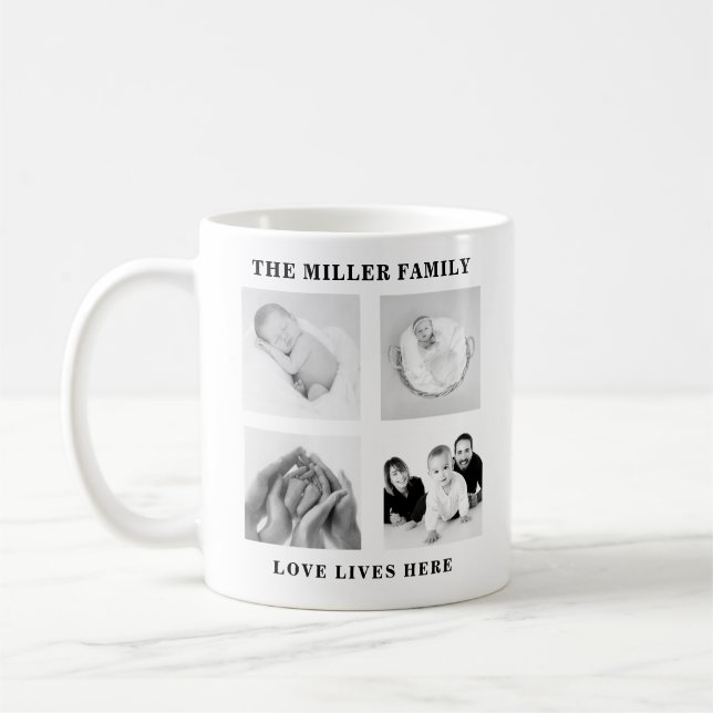 four photo collage family monogram quote coffee mug (Left)