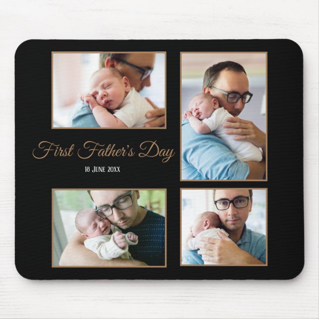 Four Photo Collage First Fathers Day Script Black Mouse Pad (Front)